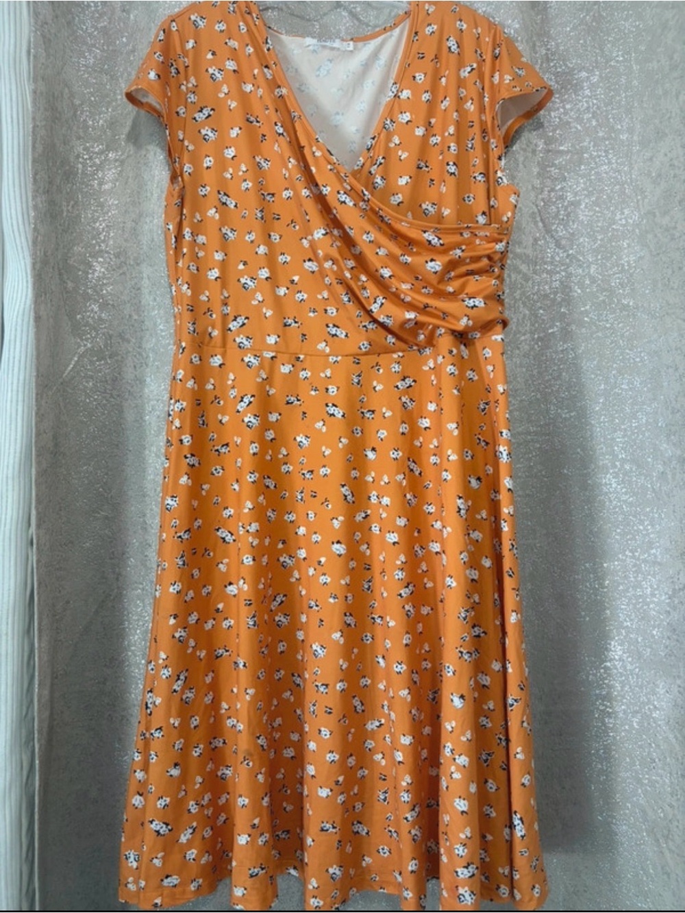 Rust Orange Floral Faux-Wrap Midi Dress